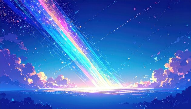 Scia di Meteore Luminose nel Cielo Stellato, Notte Magica e Paesaggio Onirico in Stile Anime