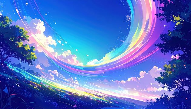 Scie Arcobaleno nel Cielo, Onde di Luce Fluorescenti e Paesaggi Astratti in Stile Anime