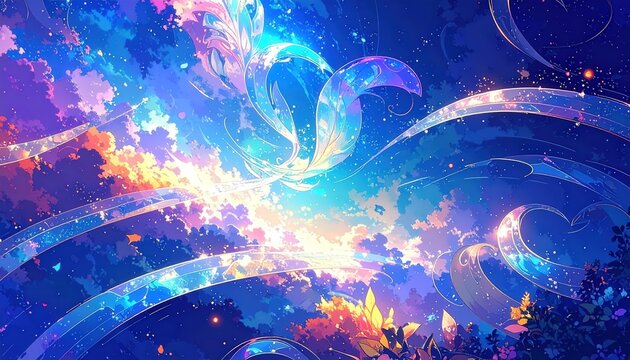 Scie Arcobaleno nel Cielo, Onde di Luce Fluorescenti e Paesaggi Astratti in Stile Anime