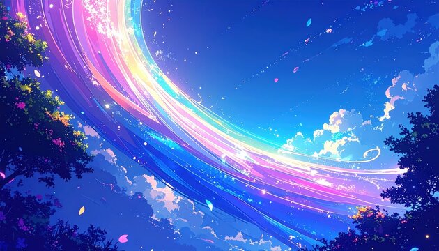 Scia di Meteore Luminose nel Cielo Stellato, Notte Magica e Paesaggio Onirico in Stile Anime