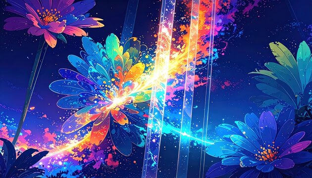Scie Arcobaleno nel Cielo, Onde di Luce Fluorescenti e Paesaggi Astratti in Stile Anime