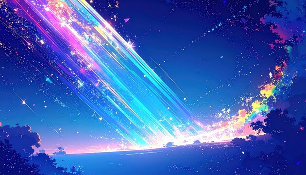 Scia di Meteore Luminose nel Cielo Stellato, Notte Magica e Paesaggio Onirico in Stile Anime
