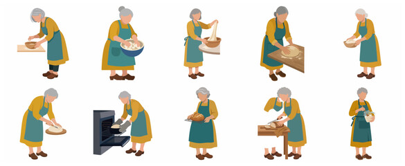 Fototapeta premium Elderly woman baking bread step by step illustration set, grandmother character kneading dough and slicing fresh bread