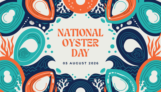 Vibrant flat illustration celebrating national oyster day with colorful patterns