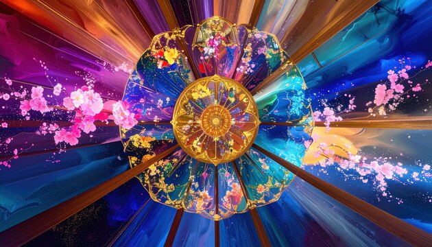 Portali Circolari Cinesi con Alberi in Fiore e Paesaggi Astratti in Stile Anime