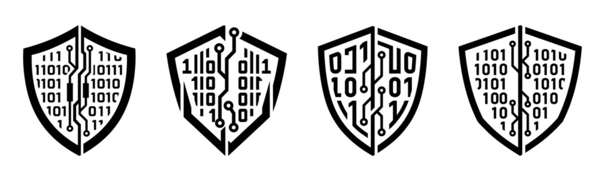 Cyber Security Shield Icons Set, Binary Code and Circuit Board Network Data Protection Vector Symbols