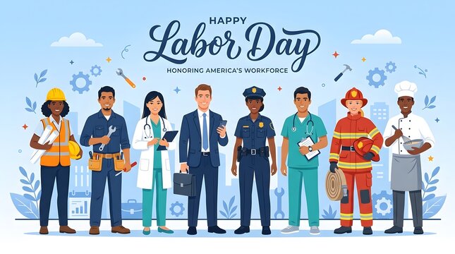 Happy labor day illustration diverse professionals honoring american workers and celebrating labor day weekend