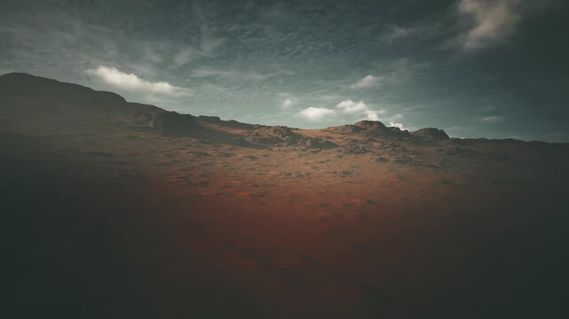 Red Martian Desert Landscape With Rocky Hills Under Dramatic Dark Sky