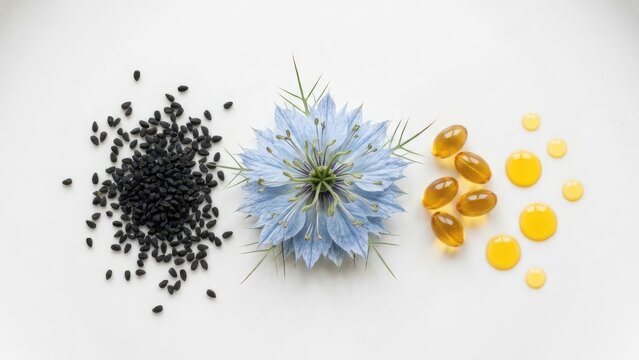 Black cumin seeds with flower and oil capsules for healthy nutrition and wellness isolated on white background