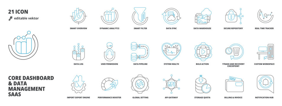 Core Dashboard, Data Management Business SaaS UI UX Vector Icon Pack Bundle in Flat Color Style for Software Dashboards
