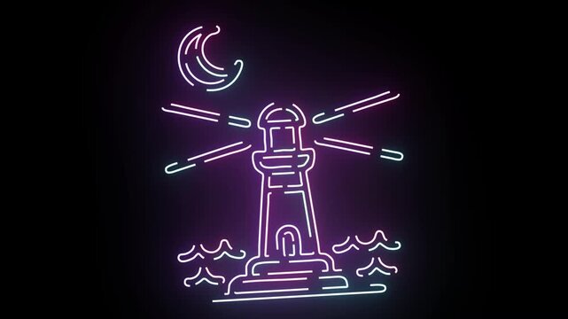 Neon Lighthouse Outline Animated Icon Glowing Against Dark Background Featuring Pulsing Light Beams and Crescent Moon Shining Over Rippling Ocean Waves in Minimalist Vector Style Graphic Motion Design