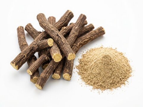 Natural licorice root sticks and pile of brown herbal powder spice isolated on white background