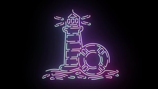 A Vivid Neon Lighthouse Graphic Animation Featuring A Rotating Light Beam And A Lifebuoy Ring Floating Upon Stylized Stylized Ocean Waves Isolated On A Solid Deep Black Background Motion Design Graphi