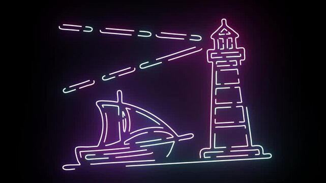 Neon lighthouse and sailing ship animated icon glowing in vibrant blue and purple colors against a dark background representing maritime navigation and coastal safety concepts for modern digital desig