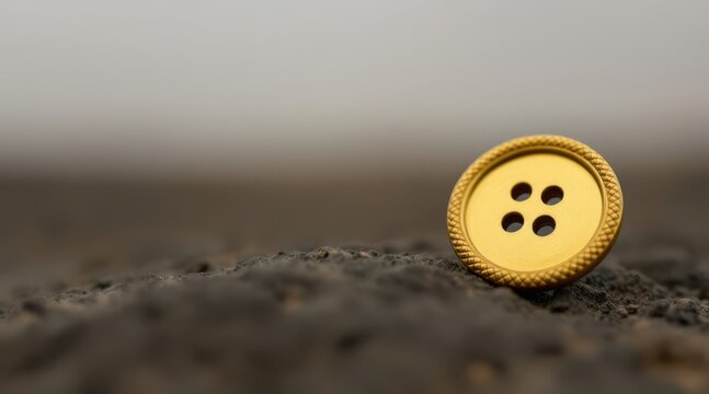 A single shiny gold sewing button standing upright on a rough dark ground surface in an outdoor natural landscape