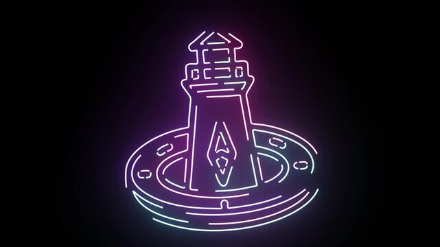 Neon lighthouse icon animation featuring a glowing outline of a coastal tower beacon with rotating light beam patterns in vibrant shades of pink and blue against a deep black background for web design