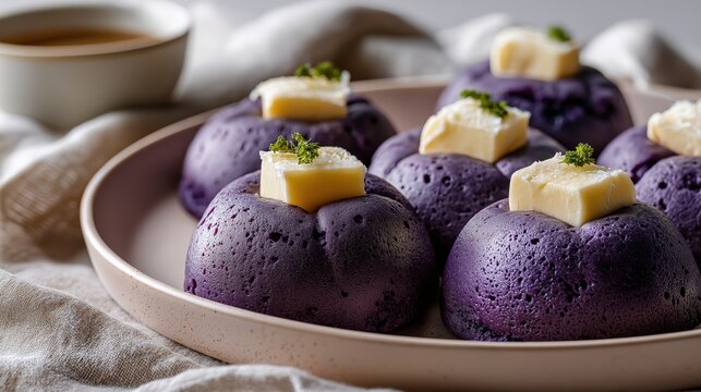 Vibrant purple ube puto with cheese on a plate. Traditional Filipino steamed cake snack with soft porous texture. Homemade Asian dessert