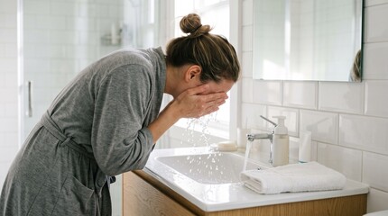 Obraz premium Woman washing face with water in a modern bathroom sink wearing a grey robe
