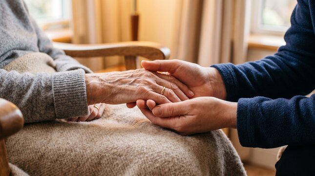 Caring hands gently holding elderly wrinkled hands symbolizing support compassion and connection