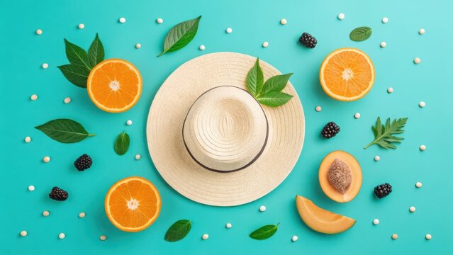 Summer straw hat with fresh oranges and berries on a bright blue background flat lay