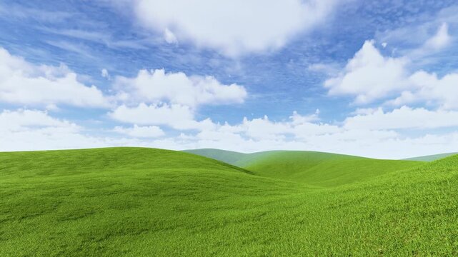 Rolling Green Hills Under Beautiful Blue Sky With Fluffy Clouds
