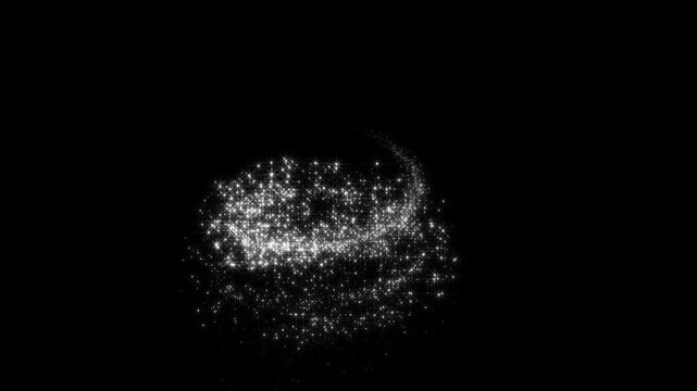Magical white sparkle star cyclone motion rising with glitter particles. White glitter star cyclone vortex rising upward with sparkling particles on black background in 4k