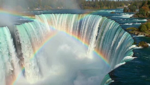 Cinematic 4K low angle footage of vibrant rainbow arching over Niagara Falls captured from the edge of the falls emphasizing natural beauty mist color spectrum travel landscape nature 