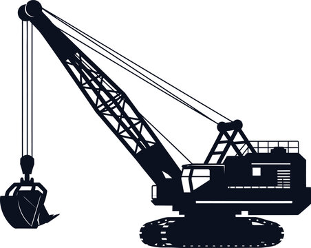 Silhouette of a heavy construction crane with a bucket