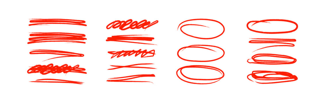 Red scribble underline and ovals to emphasize your text and hand drawn notes. Strikethrough, scratch straight red crayon lines. Text dividers, vector red inky scribbles, PNG.