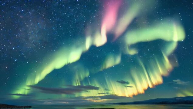 Ultra 4K time lapse footage of the colorful Aurora Australis Southern Lights over Tasmania capturing vibrant hues dynamic motion breathtaking natural phenomena landscape night sky stock 