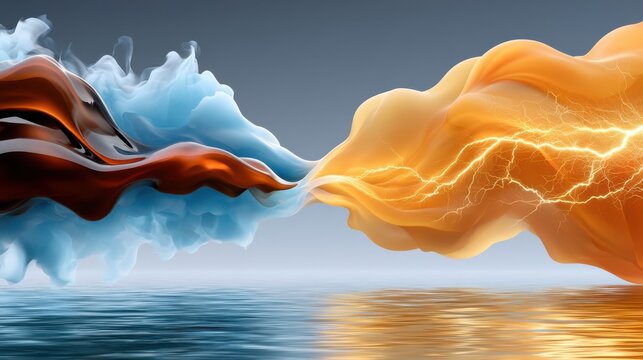 Abstract energy exchange with oil and gas liquids colliding in blue and orange electric flow