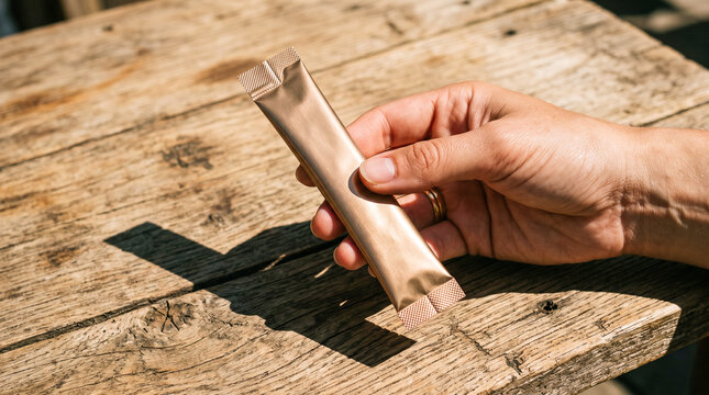 Blank Metallic Copper Stick Pack Mockup in Hand over Rustic Wooden Table
