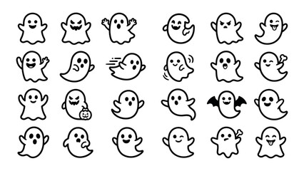 Fototapeta premium Cute Ghost Face Outline Icon Set Vector Illustration Line Art with Bat Sunglasses and Target Accent Elements
