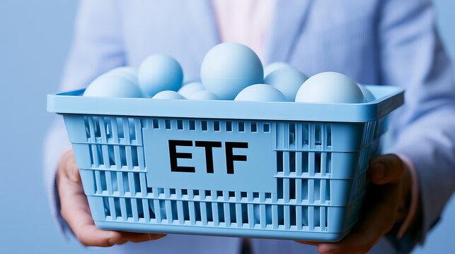 Person hold basket with balls, representing investment diversification, exchange traded fund concept, stock market strategy and portfolio management