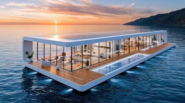Modern floating desalination and renewable energy platform with living spaces on the sea at sunset