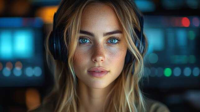 Scandinavian woman in a broadcasting station, wearing a headset and monitoring sound levels. --ar 16:9 --stylize 750 --v 6.1 Job ID: b2fce6b0-6567-414f-b306-e7d299e6cd9b