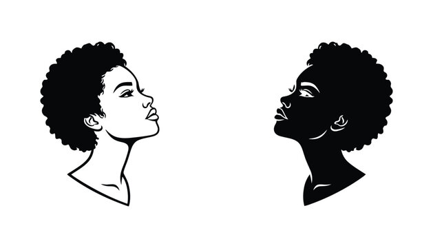 Profile portrait of a beautiful African American woman with afro hair vector illustration in outline and solid black silhouette styles