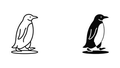 Penguin standing on ice floe icon in clean outline and solid black silhouette styles for arctic animal design collections © Sakibul Hasan
