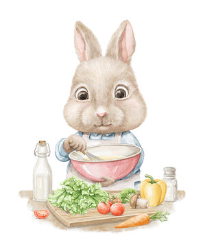 Easter cartoon cute Chef cook bunny rabbit boy in blue shirt cooking, whip mixture in bowl with whisk surrounded by vegetables. Watercolor and pencil hand drawn illustration