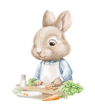Easter cartoon cute Chef cook bunny rabbit boy in blue shirt cooking, cuts carrots with knife on cutting board and smile. Watercolor and pencil hand drawn illustration sketch