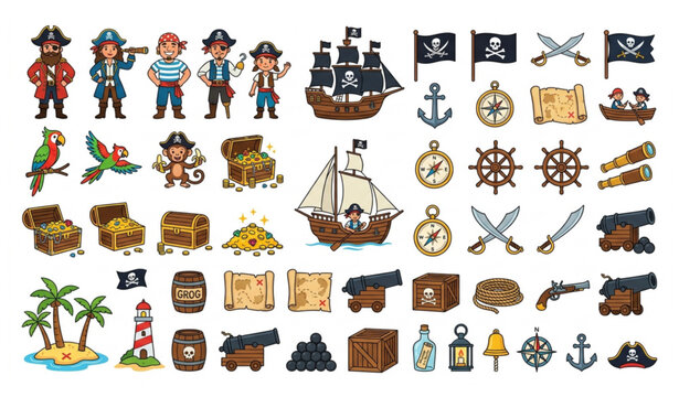 Pirate Adventure Vector Set with Ship Captain Treasure Chest and Parrot