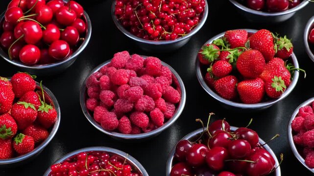 Rotating Food Background with Healthy Summer Fruits and Berries in Metal Bowls  Rotation Advertising Background. Berry Bowls Spinning on Turntable