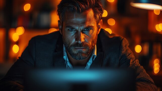 Serious Businessman Working Late at Night in a Dimly Lit Office (Cinematic, Noir Aesthetic, 8K, Deep Shadows) --ar 16:9 --stylize 750 --v 6.1 Job ID: 27aa20bf-44fc-46de-9799-b0bc0358134d