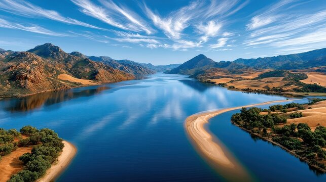 Aerial view of a tranquil mountain lake with sweeping sandbars and dramatic sky