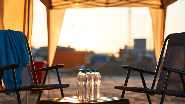 Relaxing beach campsite sunset with empty chairs, cool towels, and refreshing water bottles under a warm, golden hour sky, calm outdoor scene