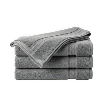 Stack of folded grey bathroom towels with pattern
