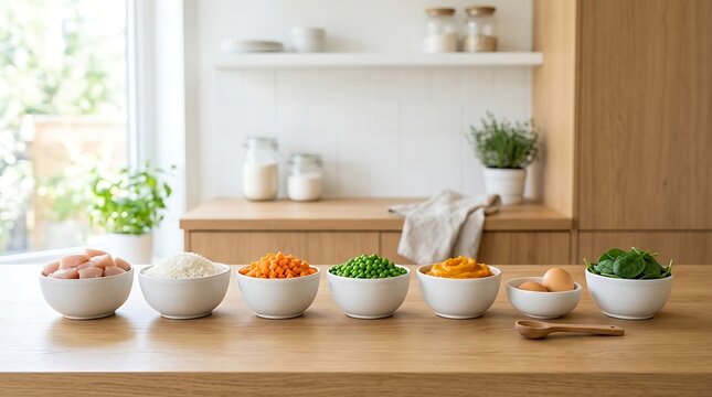 Bowls of fresh healthy vegetables and ingredients organized on a wooden kitchen counter for cooking. DIY canine diet
