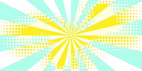 Fototapeta premium Abstract creative layout template with clouds beams and isolated dots pattern on background. Sunburst with rays background. Vector halftone illustration pop art comic background with rays and dot 