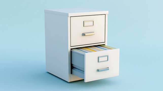 Minimalist White Two-Drawer Filing Cabinet with Open Bottom Drawer Revealing Colorful Folders on a Clean Blue Background
