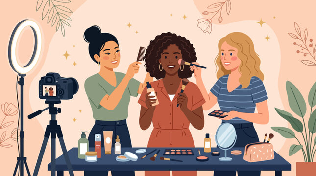 Three diverse women collaborate on a beauty vlog, applying makeup and sharing tips for an online audience with professional lighting and camera equipment.